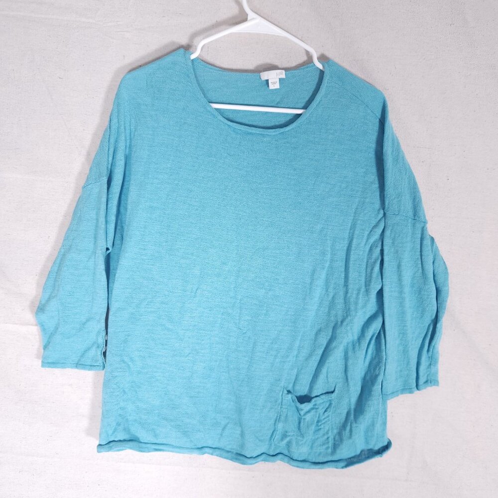 J.Jill Womens Linen Cotton Blend Top Size L Aqua Blue 3/4 Sleeve Pocket Casual
